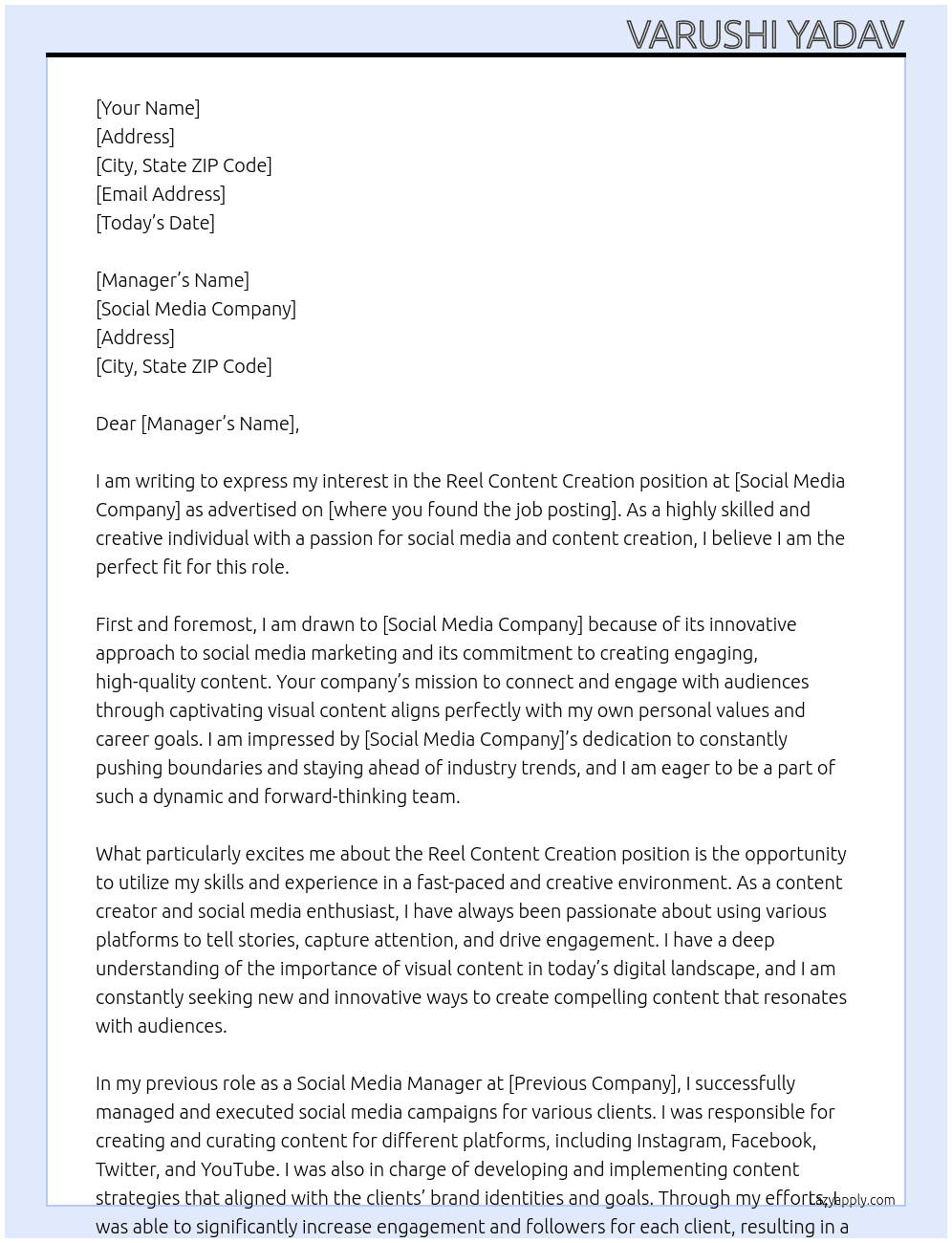 Reel Content creation  At Social media  Cover Letter