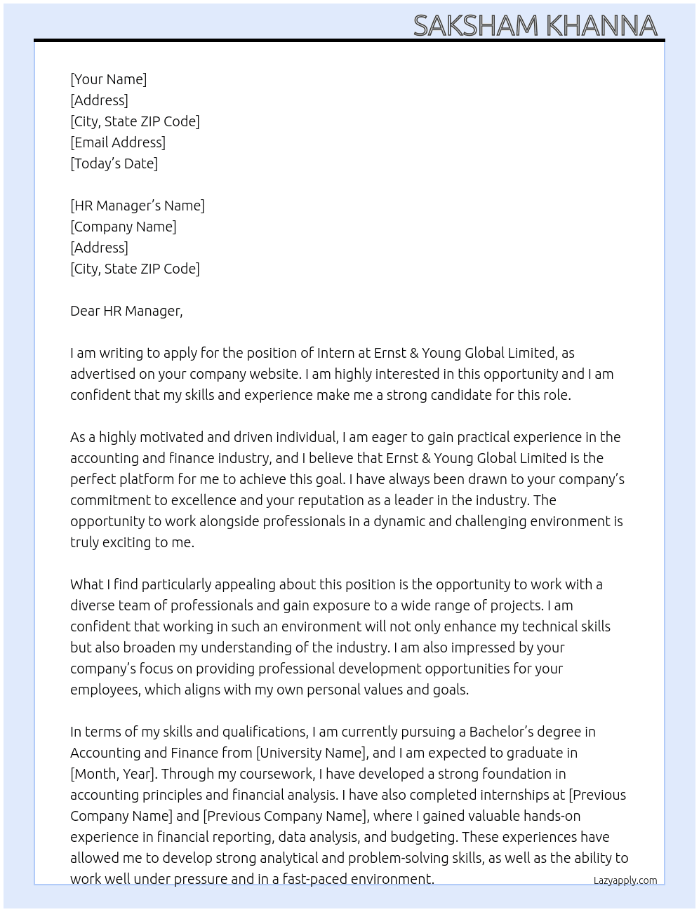 Intern  At Ernst & Young Global Limited Cover Letter