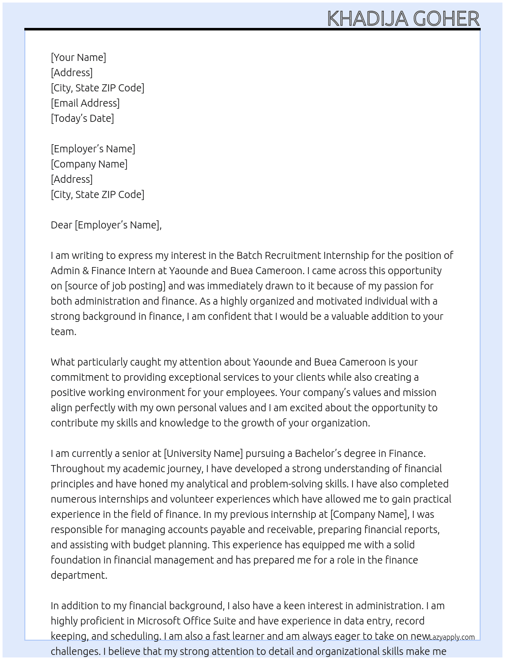 Batch Recruitment Internship - Admin & Finance Intern At Yaounde and Buea Cameroon Cover Letter