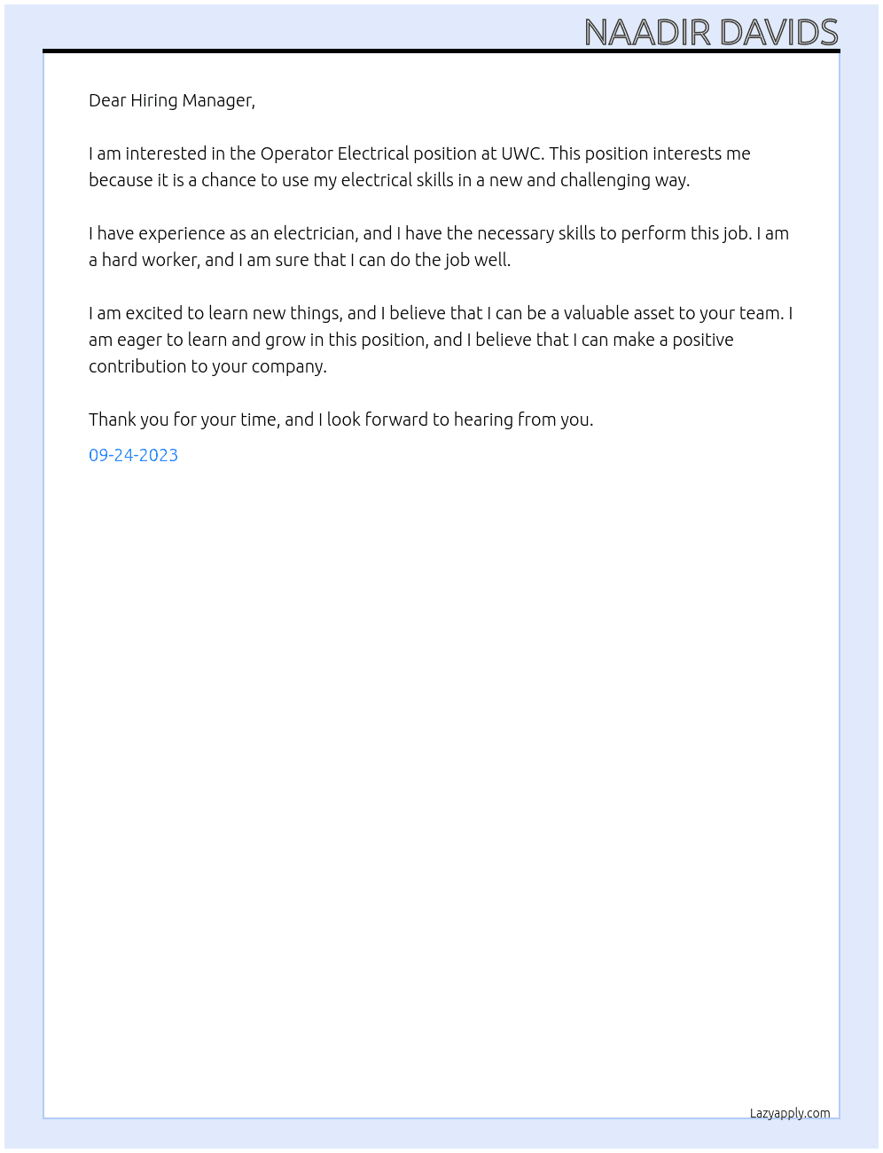 Operator Electrical At UWC Cover Letter