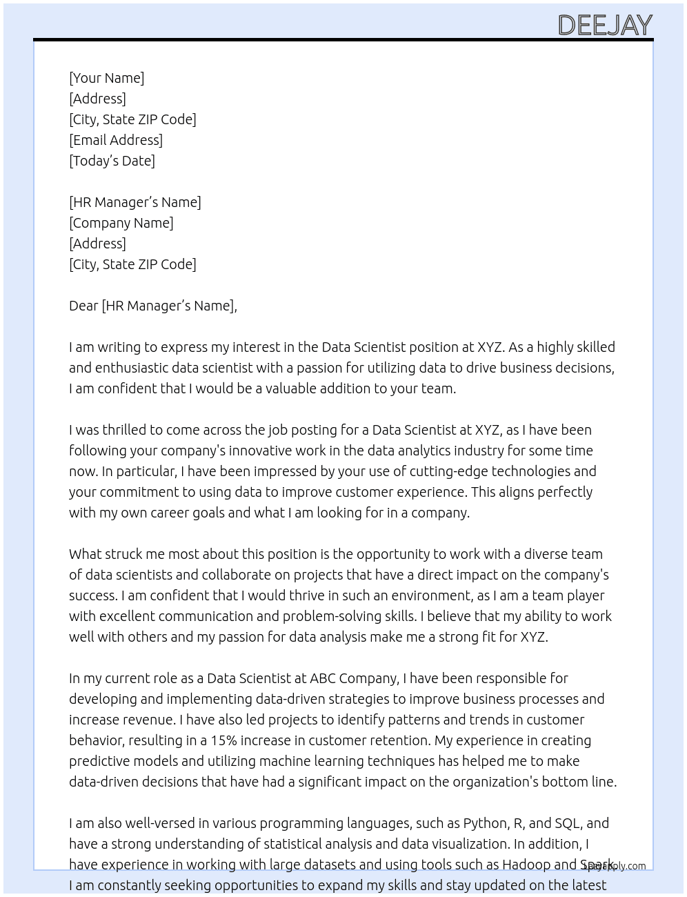 Data Scientist At XYZ Cover Letter