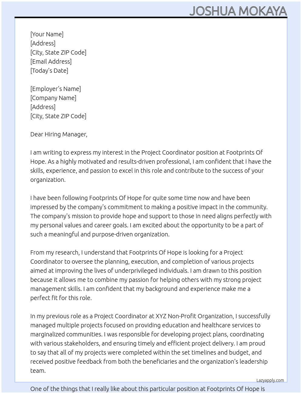 Project Coordinator At Footprints Of Hope Cover Letter