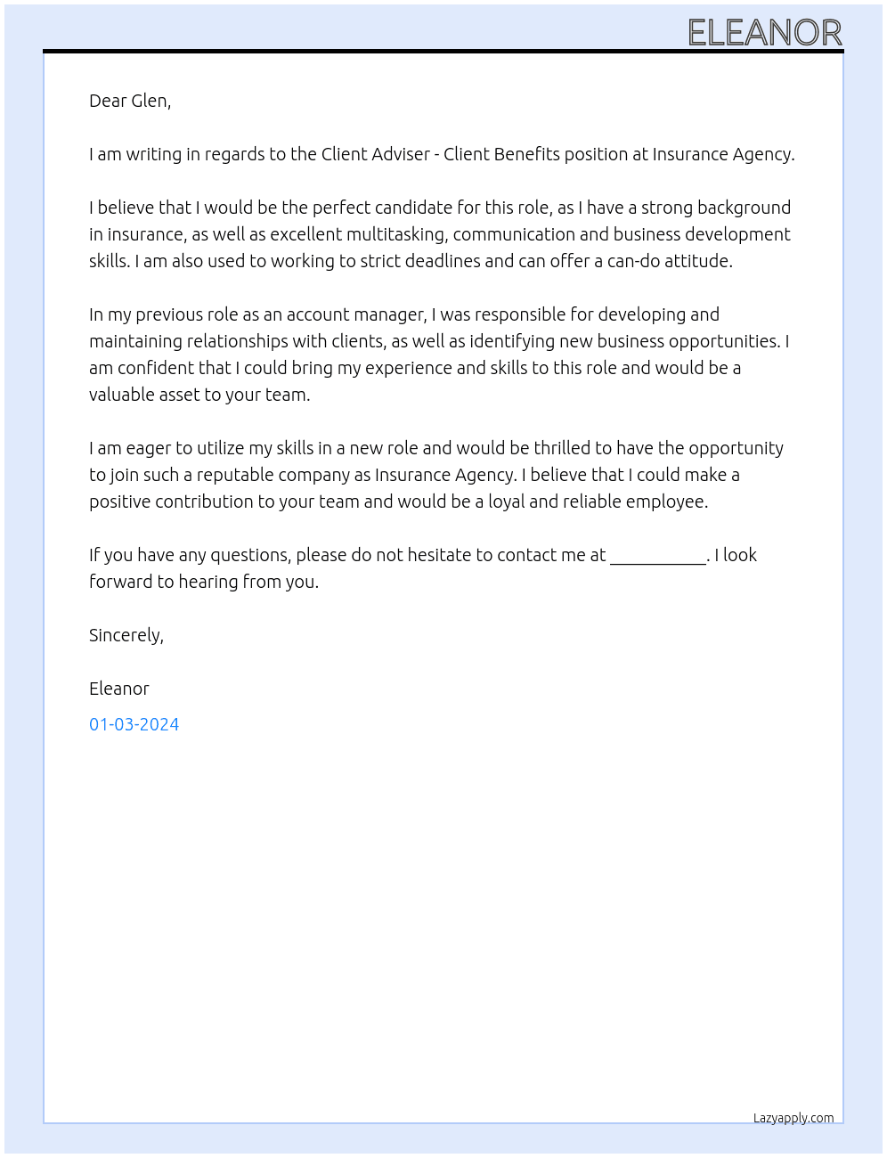 Client Adviser - Client Benefits At Insurance Agency Cover Letter