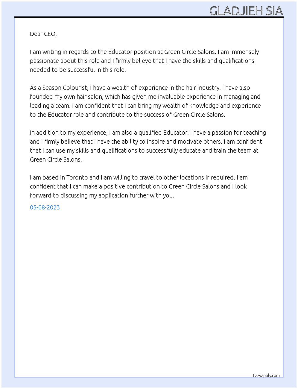 Educator At Green Circle Salons Cover Letter