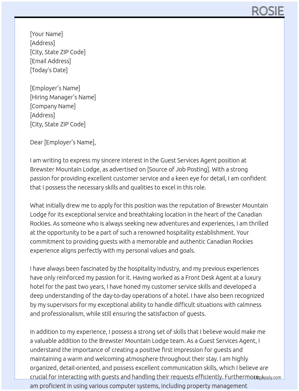 Guest Services Agent At Brewster Mountain Lodge Cover Letter