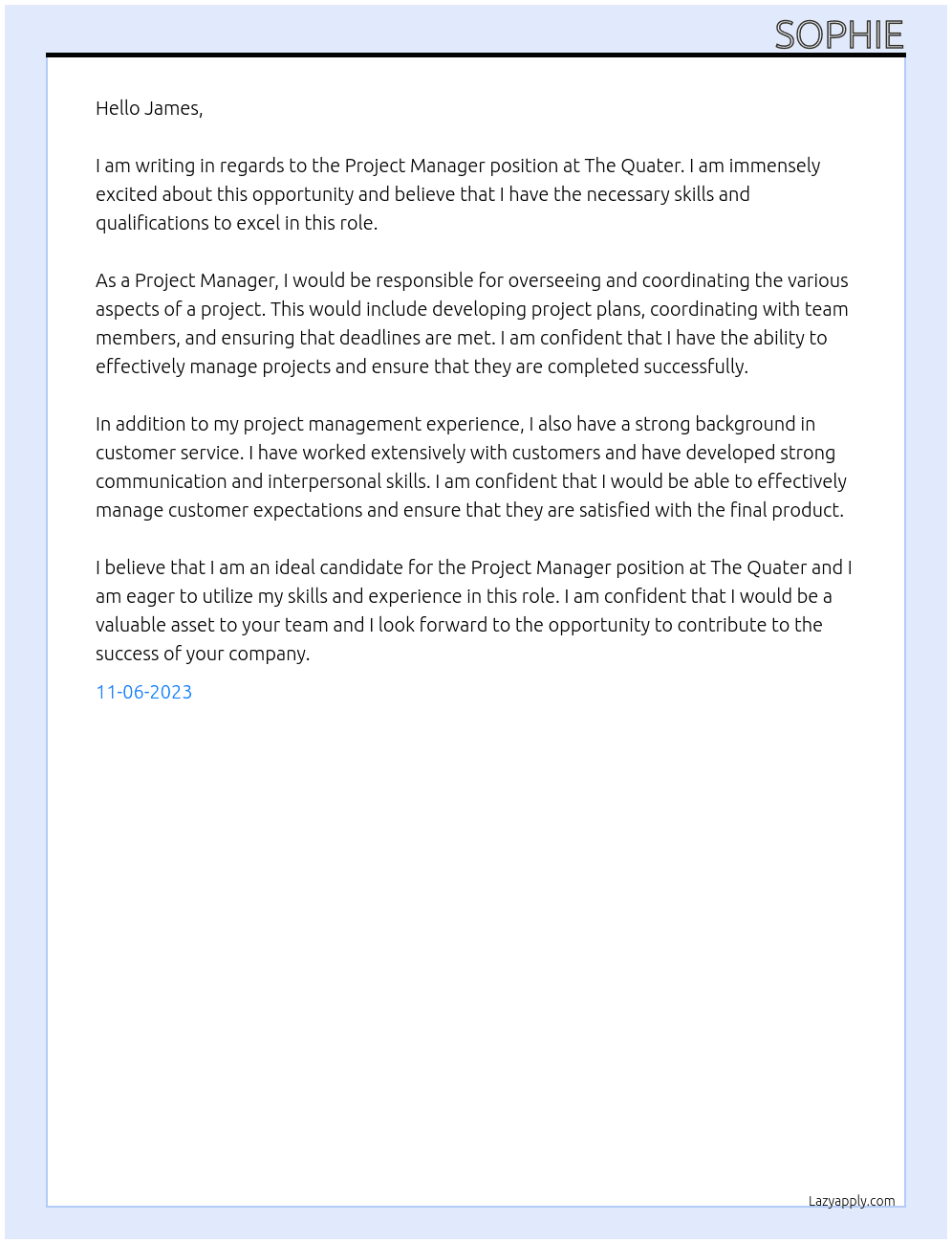 Project Manger  At The Quater Cover Letter