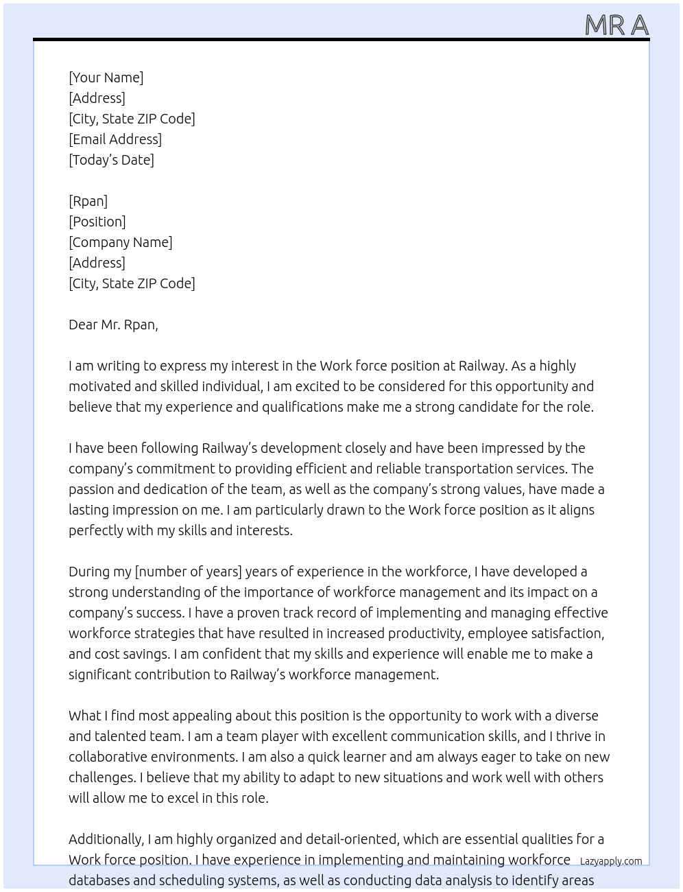 Work force  At Railway  Cover Letter