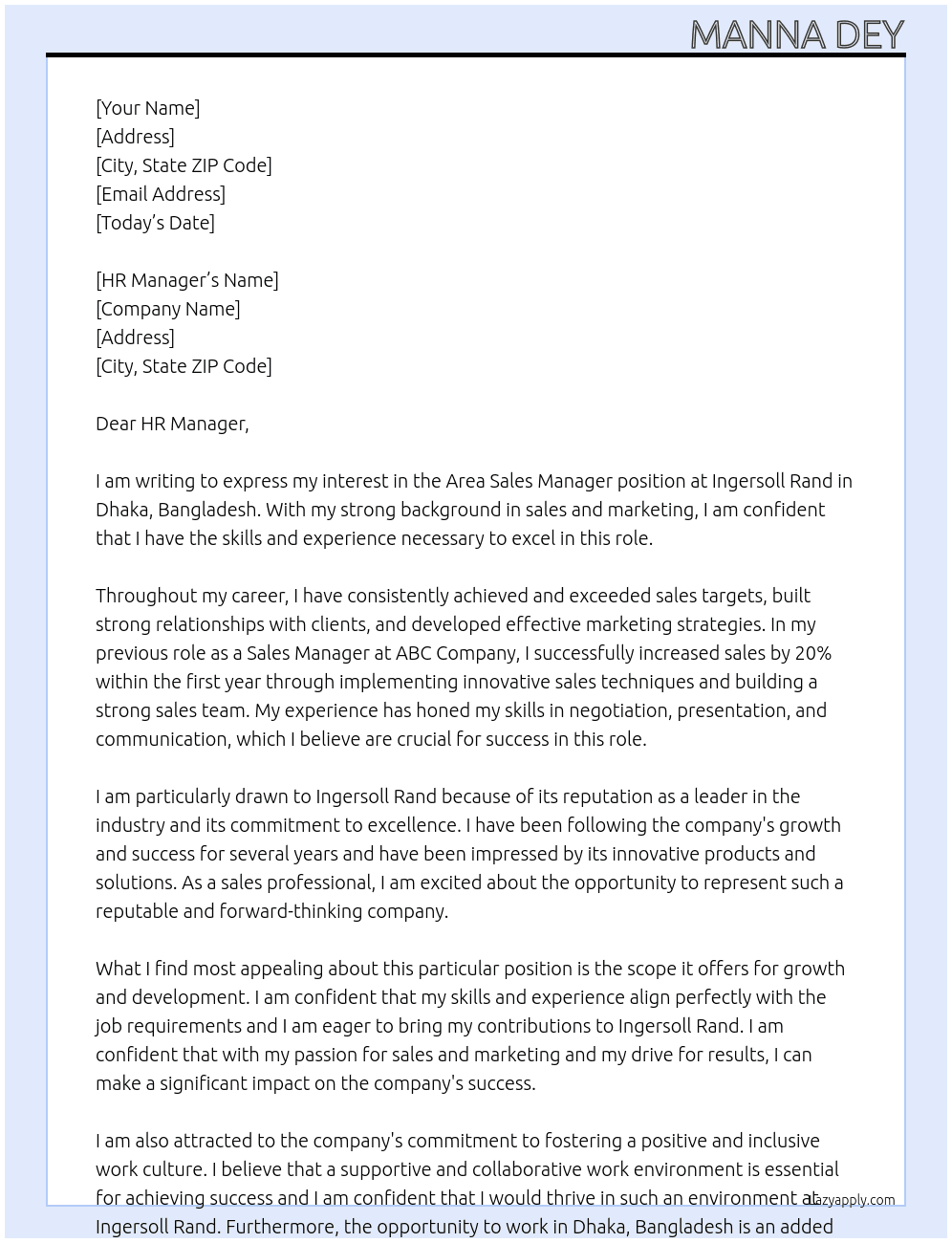 Area Sales Manager At Ingersoll Rand Cover Letter