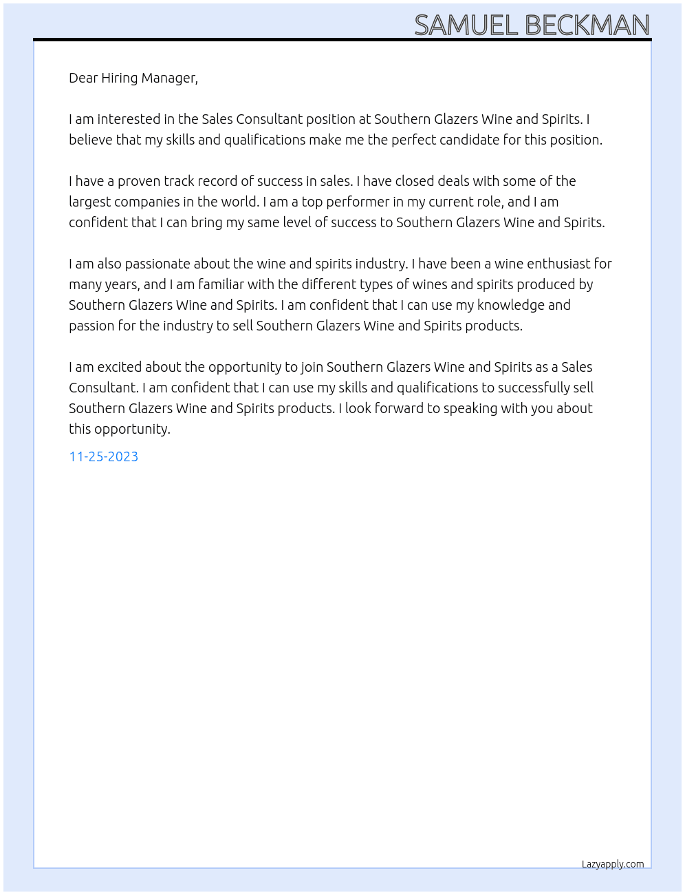 Sales Consultant At Southern Glazers Wine and Spirits Cover Letter