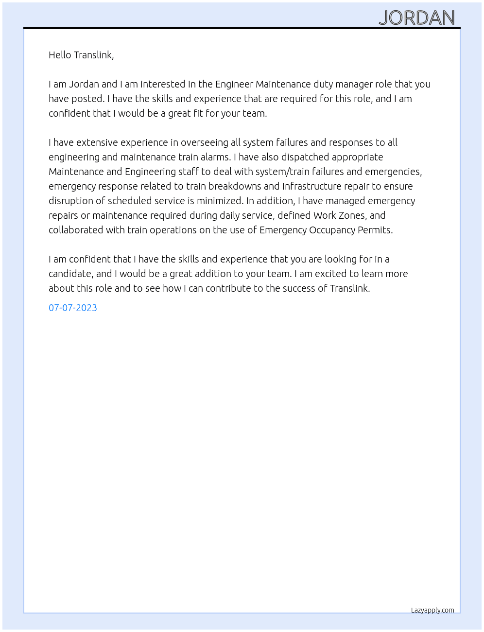 Engineer Maintence duty manager At BCRTC Cover Letter