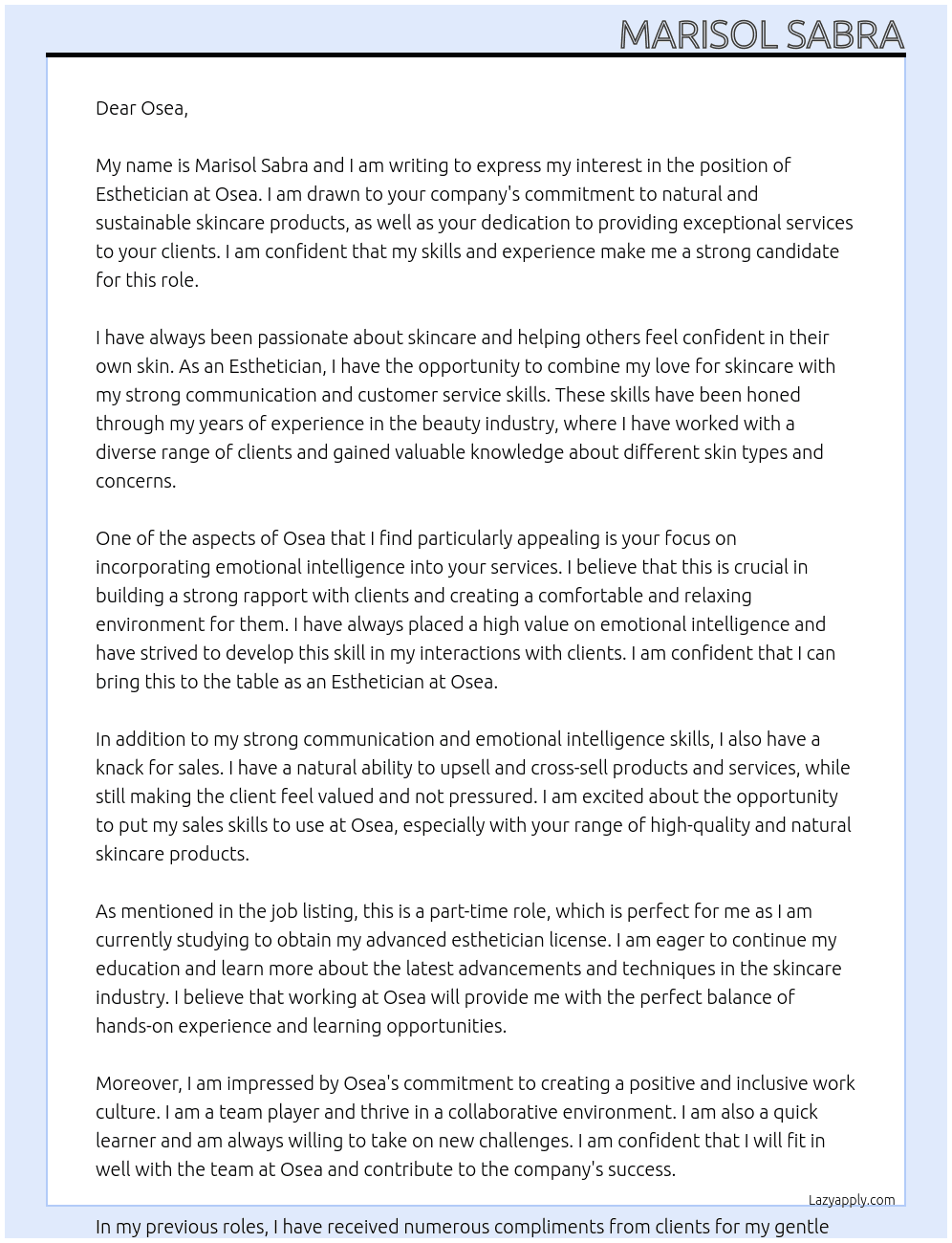 Esthetician  At Osea Cover Letter