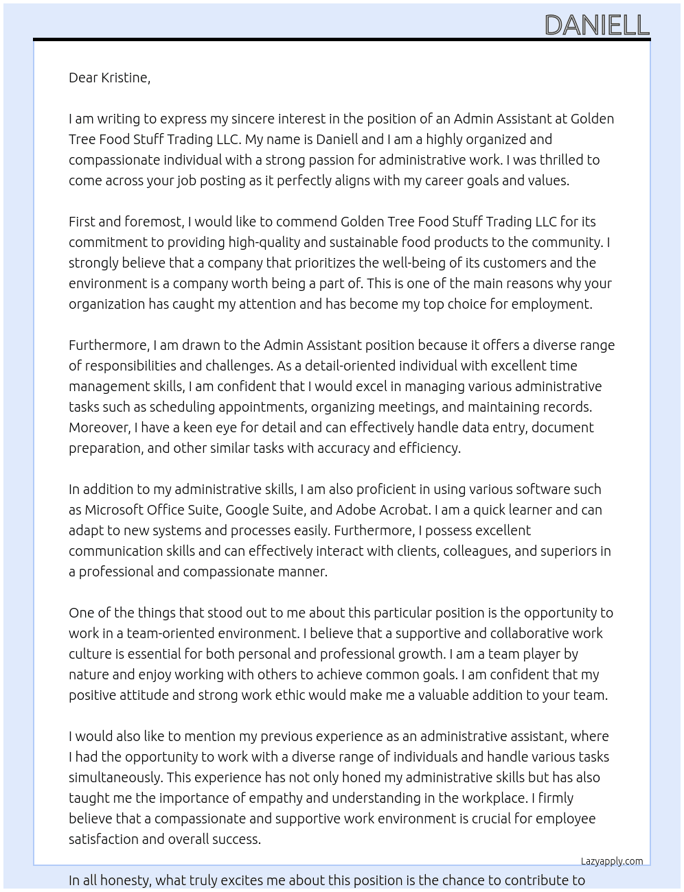 admin assistant At golden tree food stuff trading LLC Cover Letter