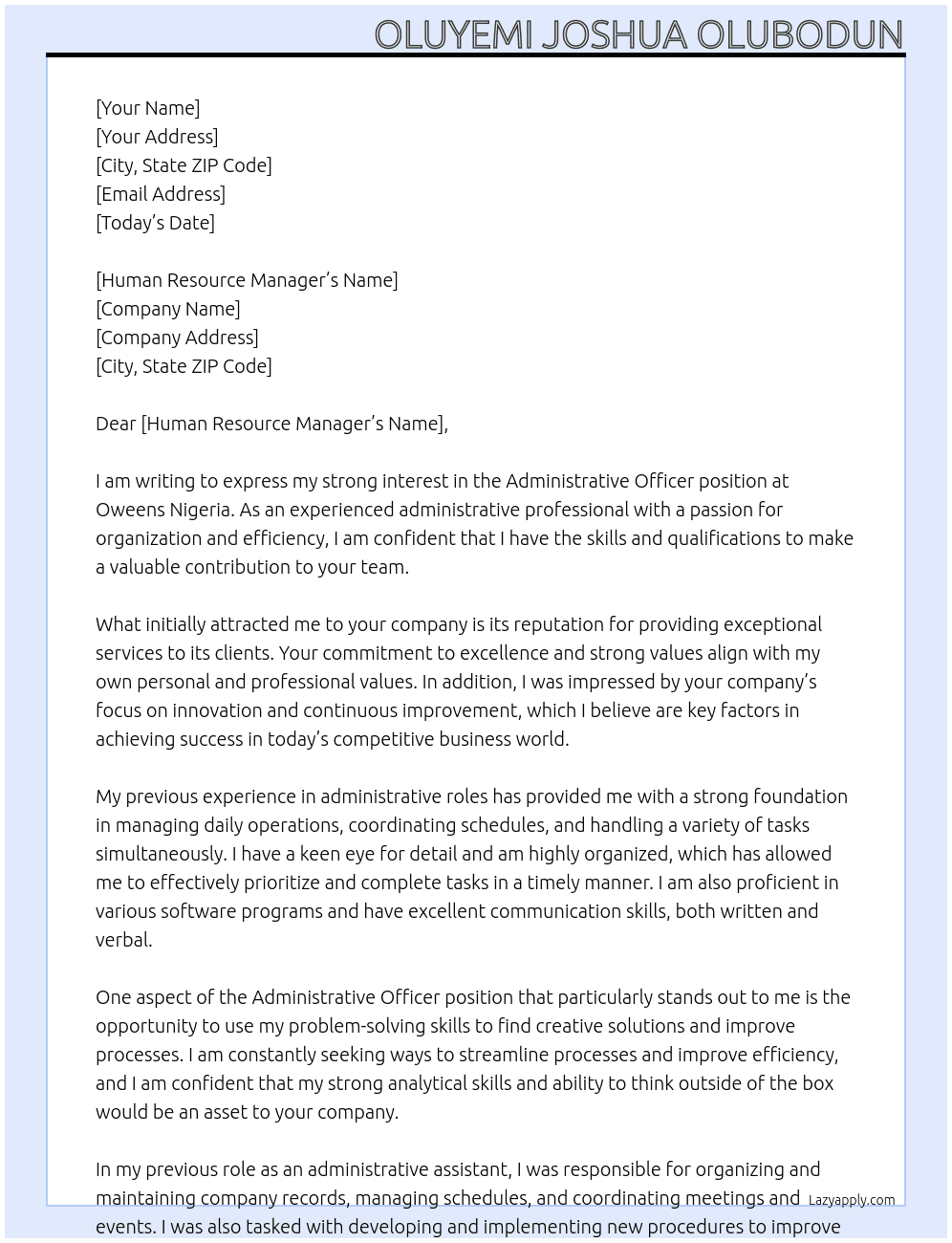administrative officer At Oweens Nigeria Cover Letter
