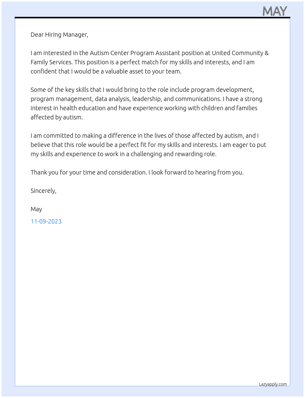 Autism Center Program Assistant At United Community & Family Services Cover Letter