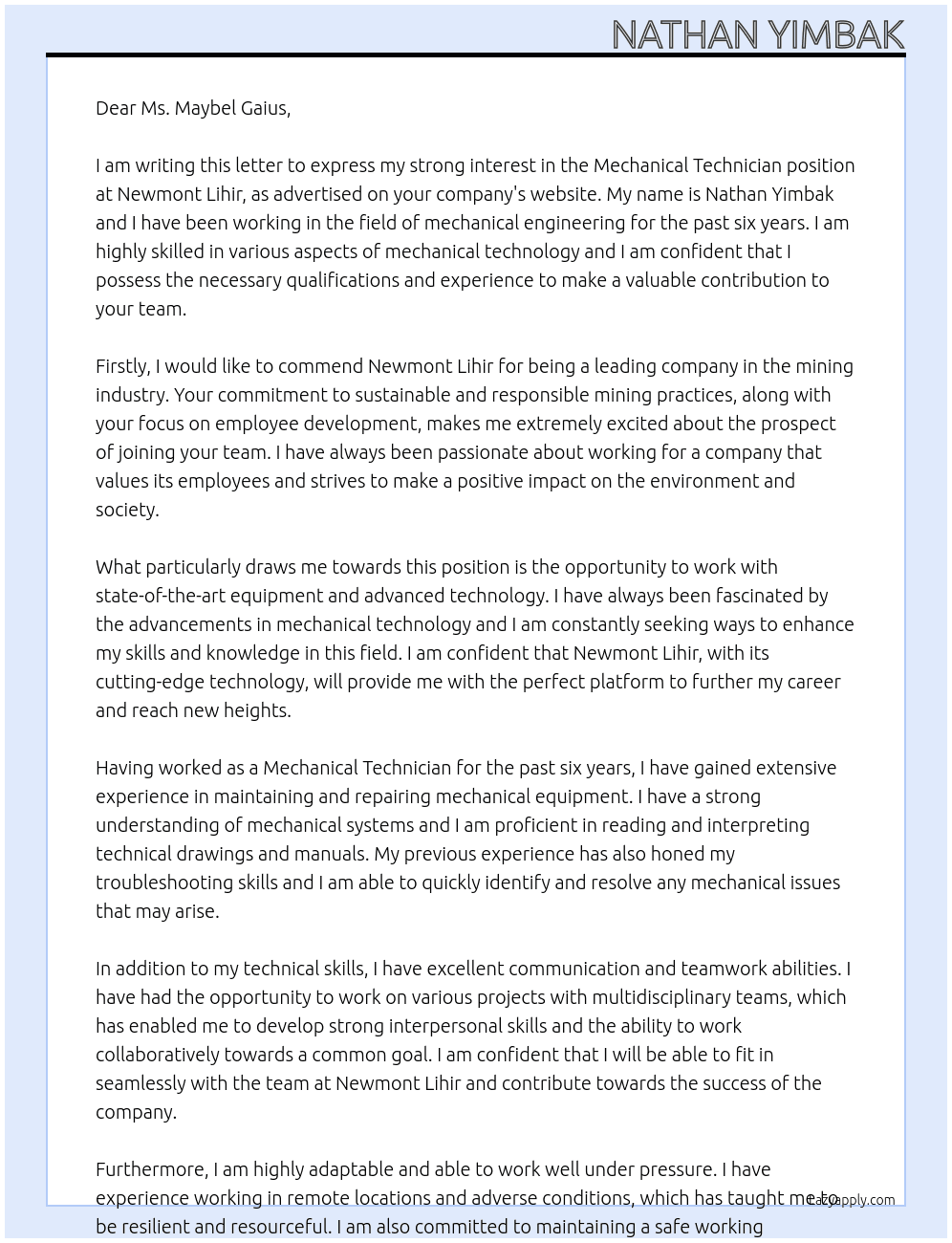 Mechanical Technican At Newmont Lihir Cover Letter