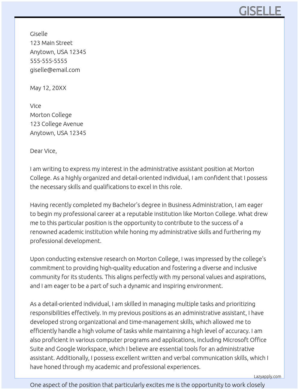administrative assistant At Morton College Cover Letter