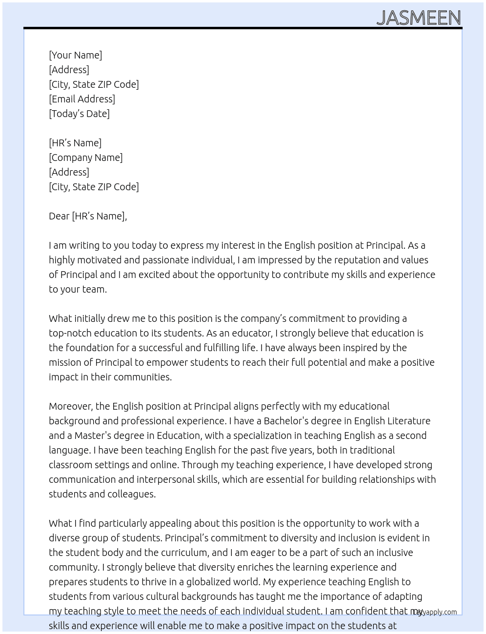 English  At Principal  Cover Letter