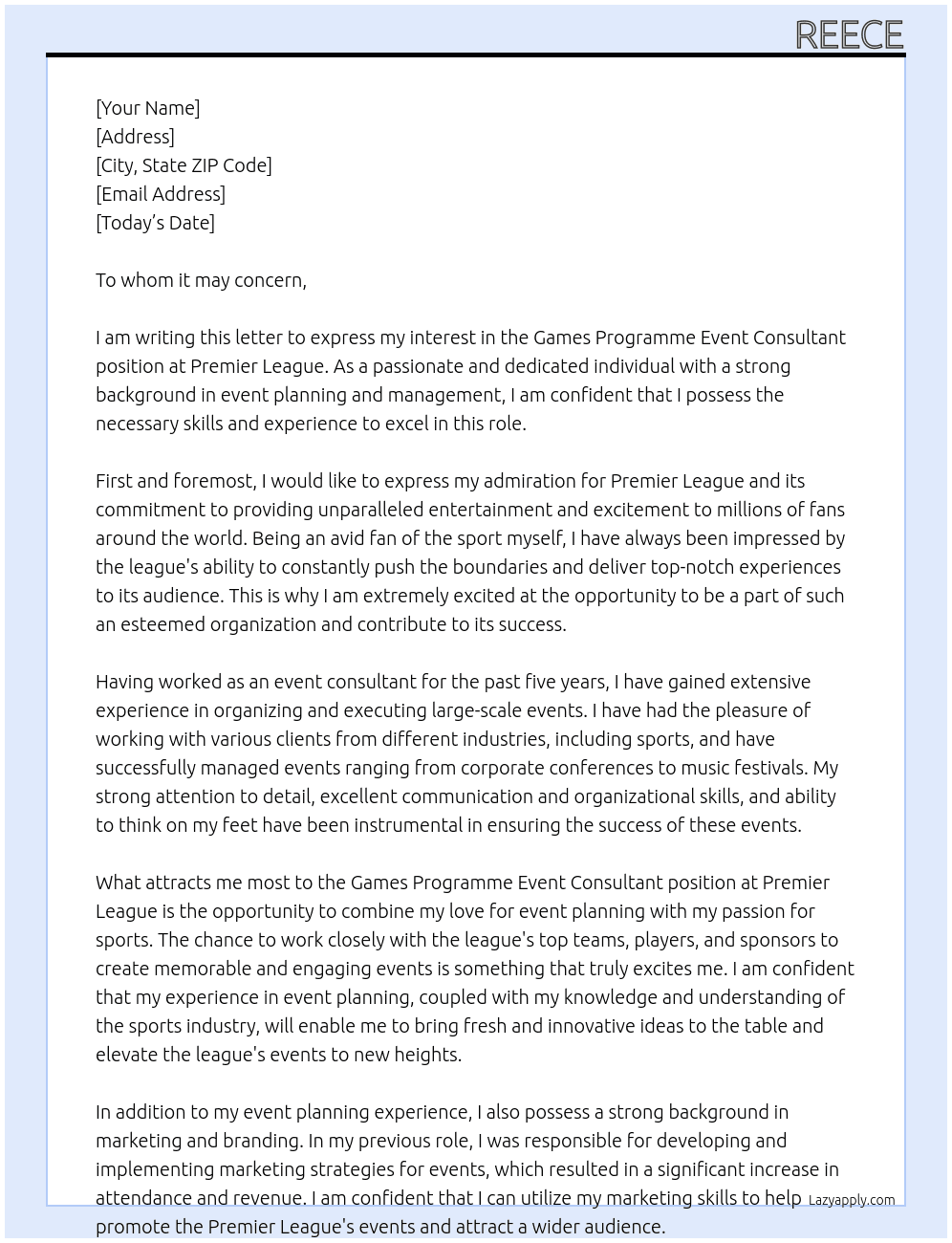 Games Programme Event Consultant  At Premier League Cover Letter