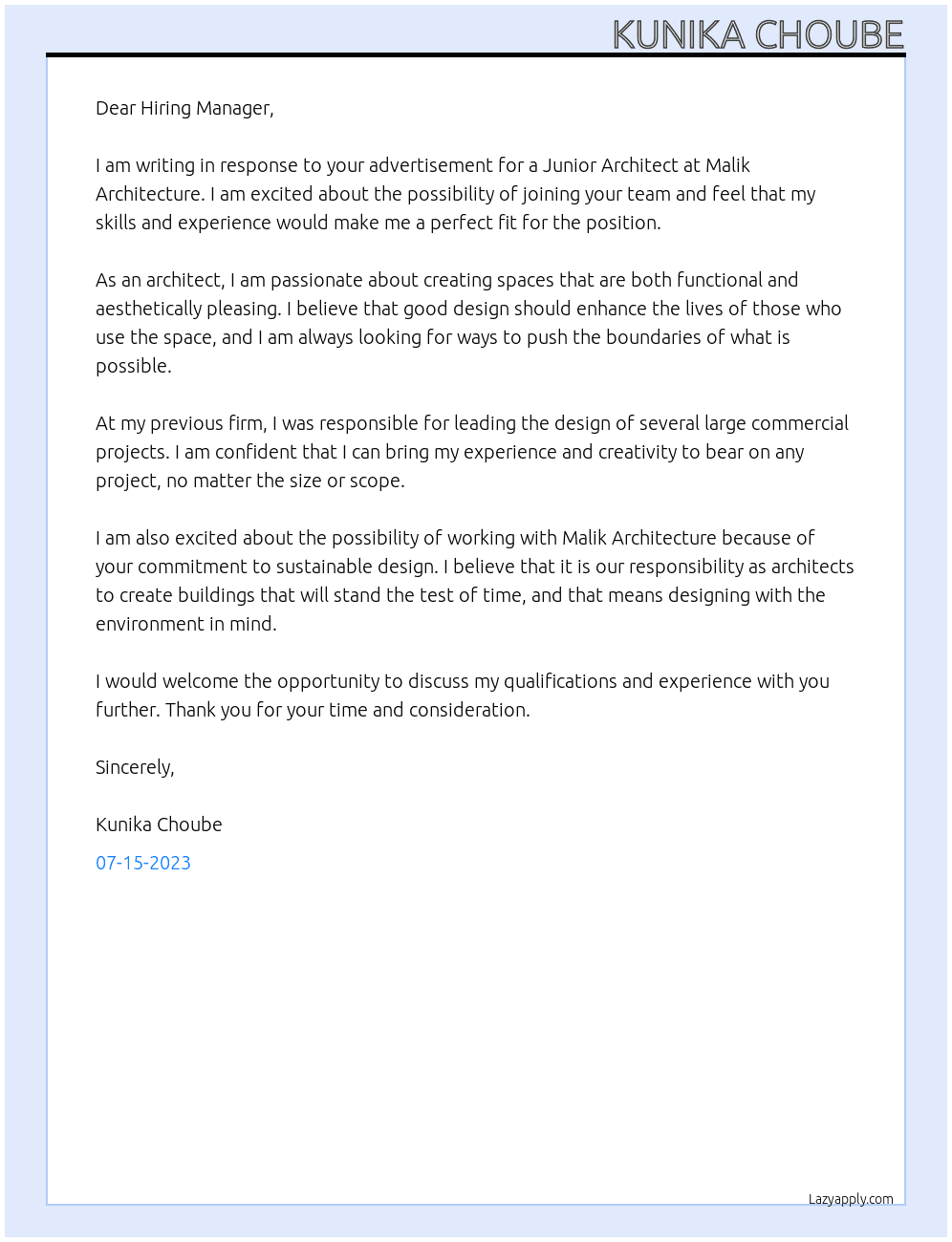 Junior Architect At Malik Architecture Cover Letter