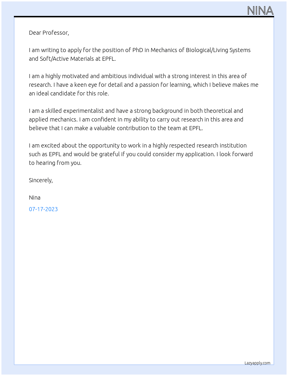 phd in Mechanics of Biological/Living Systems and Soft/Active Materials At epfl Cover Letter