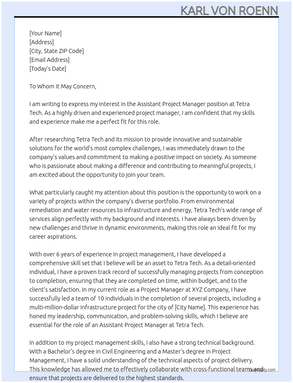 Assistant Project Manager At Tetra Tech Cover Letter