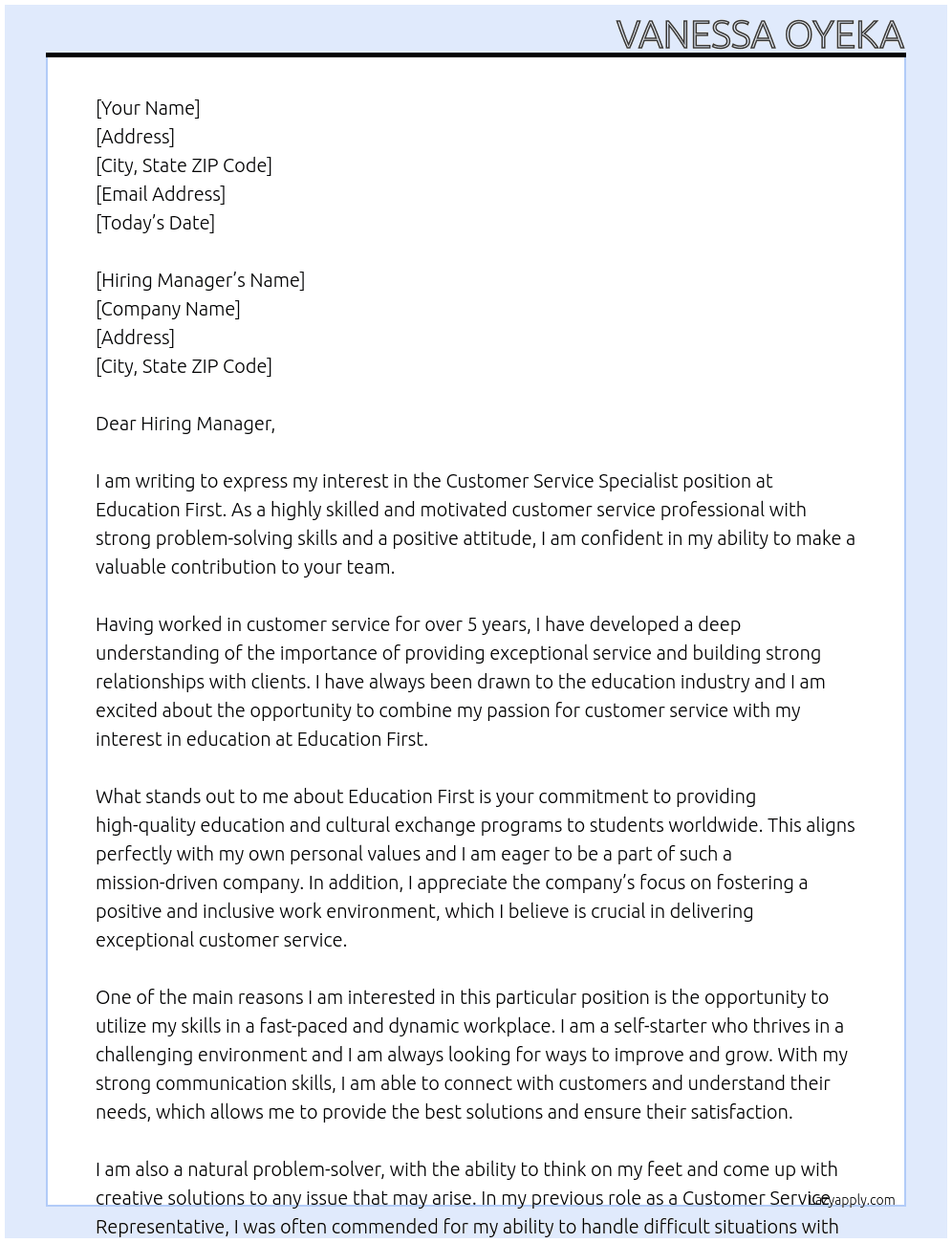 Customer Service Specialist At Education First Cover Letter