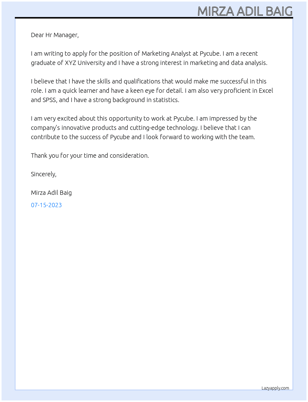 Marketing Analyst At Pycube Cover Letter