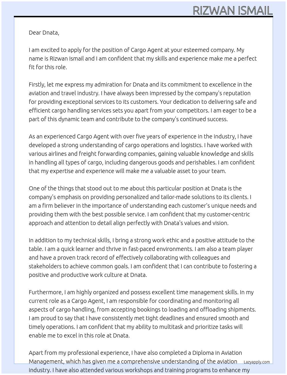 Cargo Agent  At Dnata Cover Letter