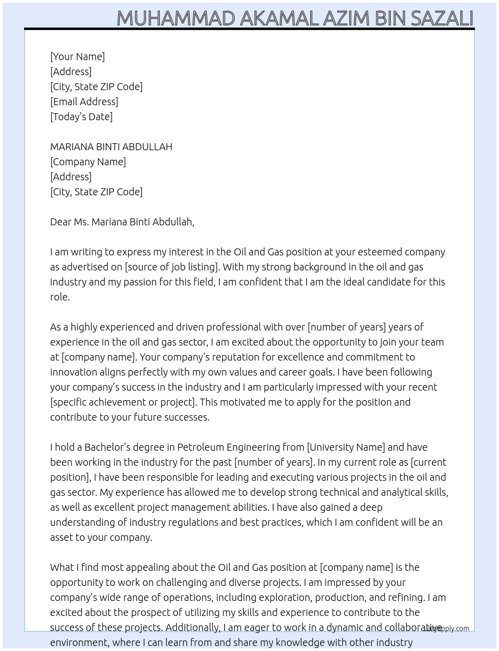 Oil and gas At MARIANA BINTI ABDULLAH  Cover Letter