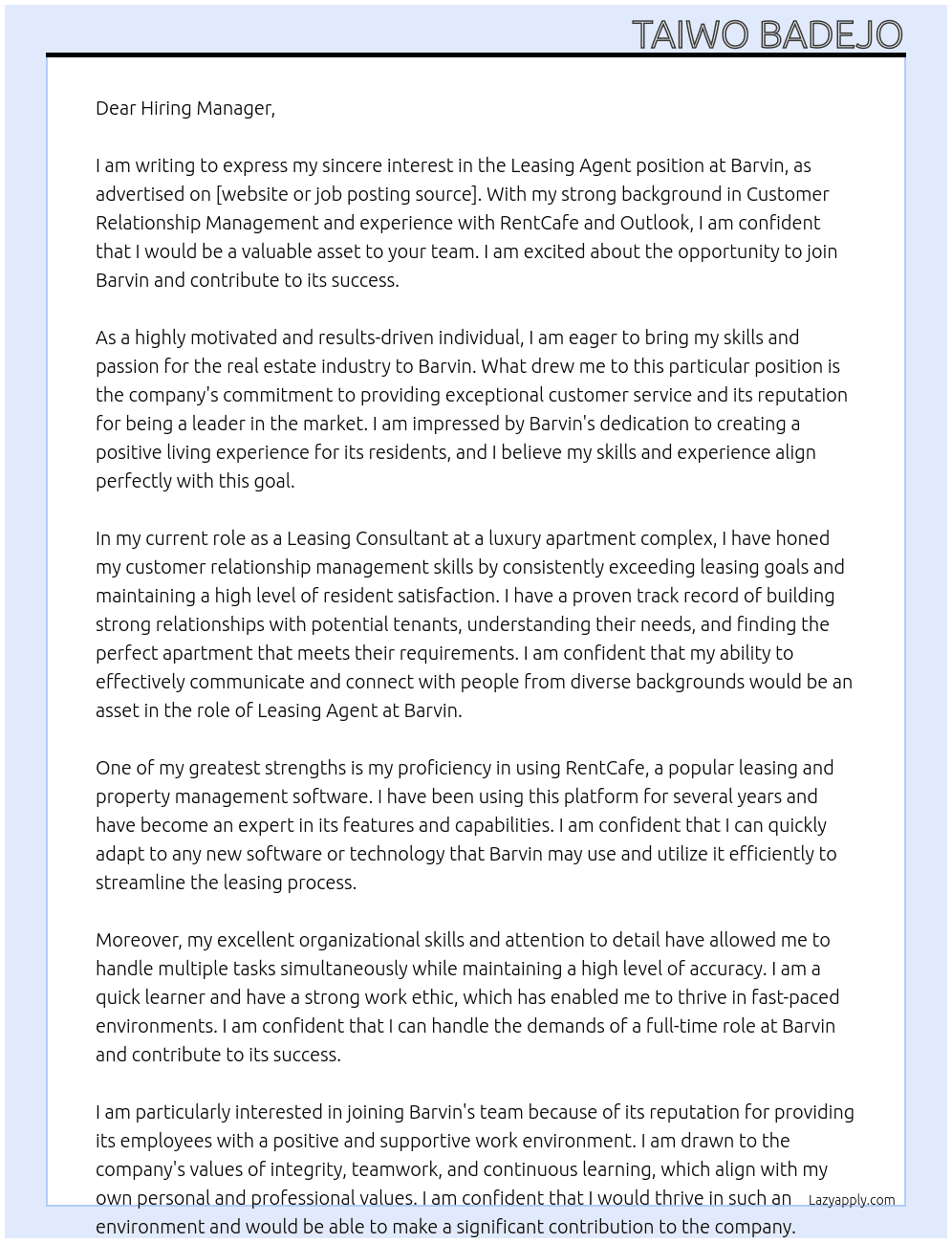 Leasing Agent  At Barvin Cover Letter