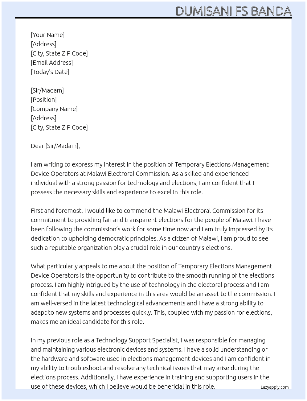 TEMPORARY ELECTIONS MANAGEMENT DEVICE OPERATORS  At Malawi Electroral Commission Cover Letter