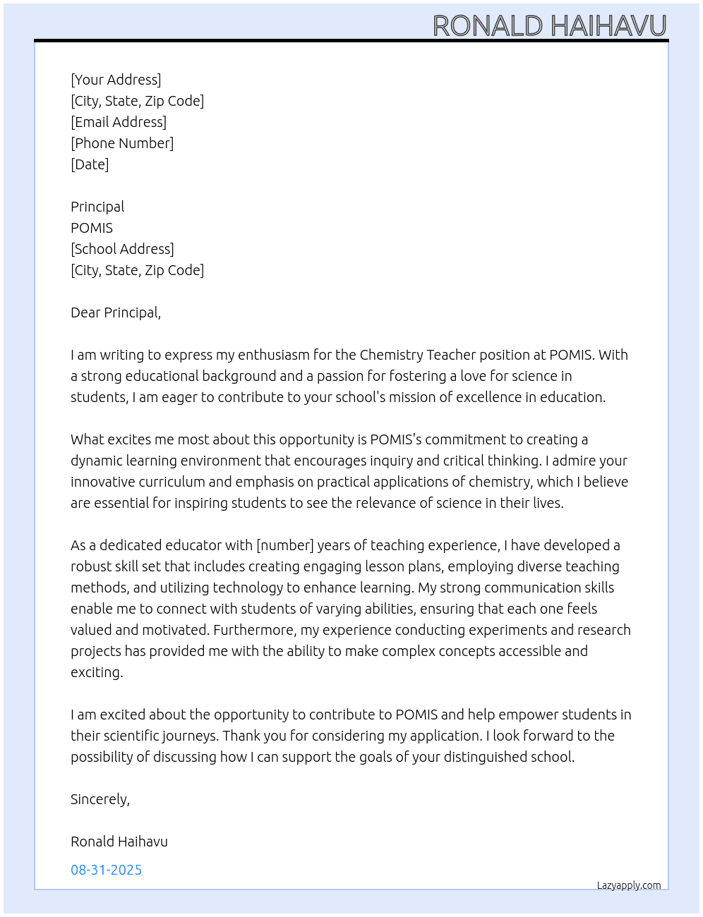 Chemistry teacher At POMIS Cover Letter