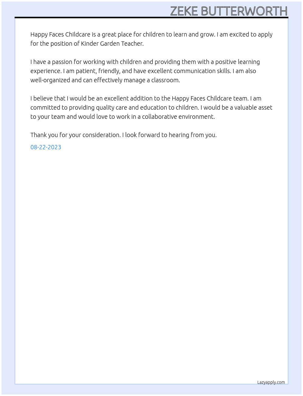 Kinder Garden Teacher At Happy Faces Childcare Cover Letter