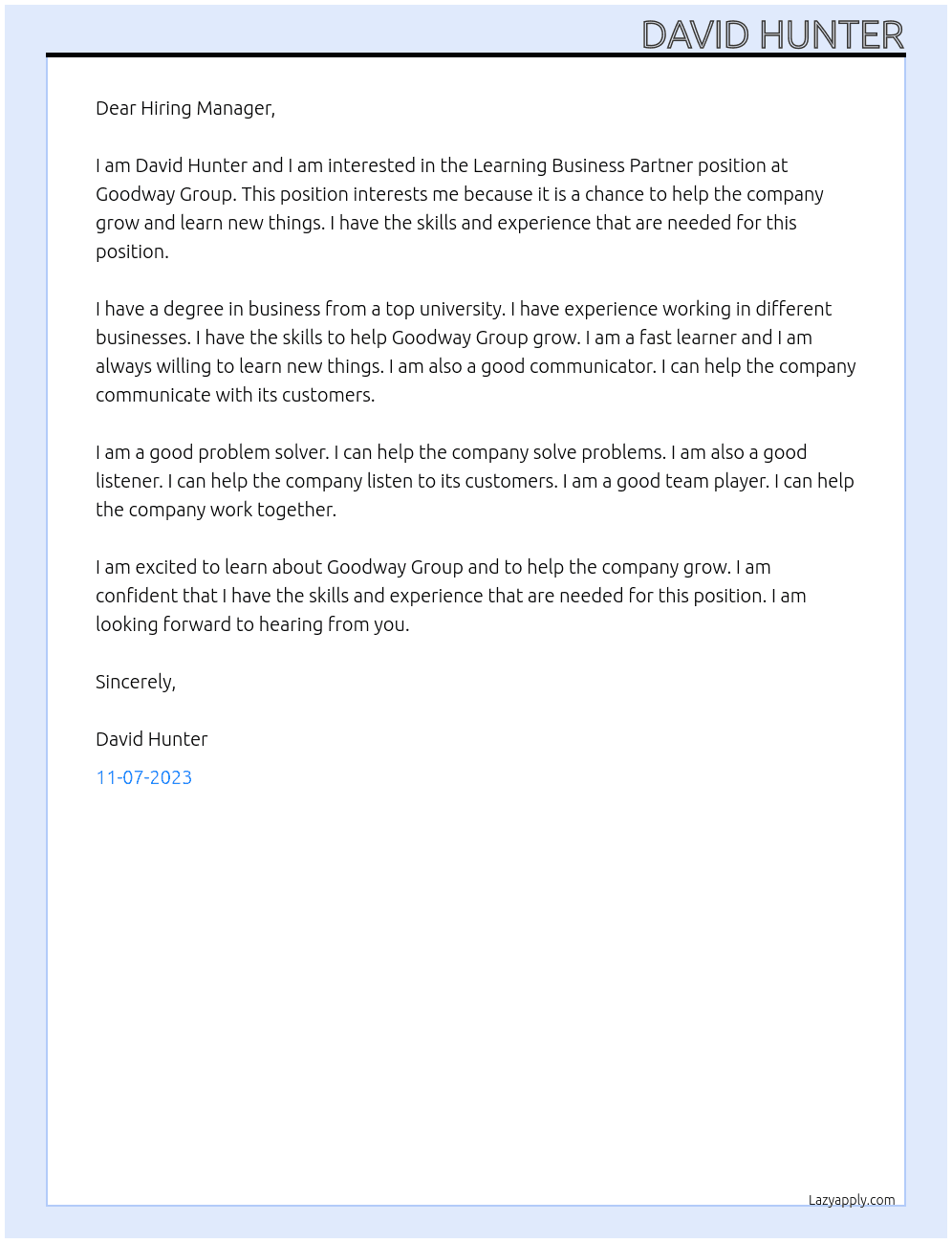 Learning Business Partner At Goodway Group Cover Letter