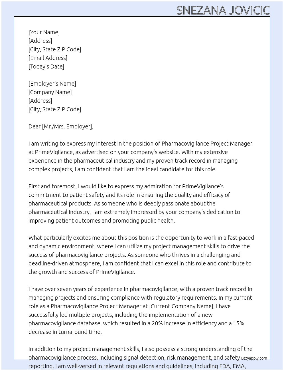 Pharmacovigilance Project Manager At PrimeVigilance Cover Letter