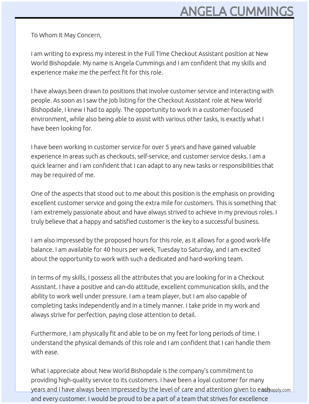 Checkout assistant At New World Bishopdale  Cover Letter