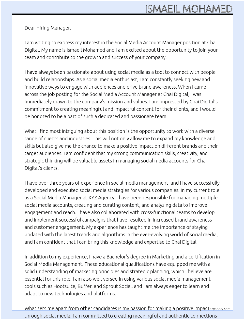 Social Media Account Manager At Chai Digital Cover Letter