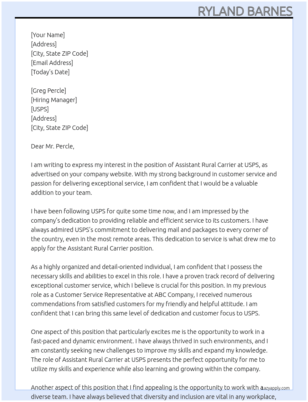 assistant rural carrier At USPS Cover Letter