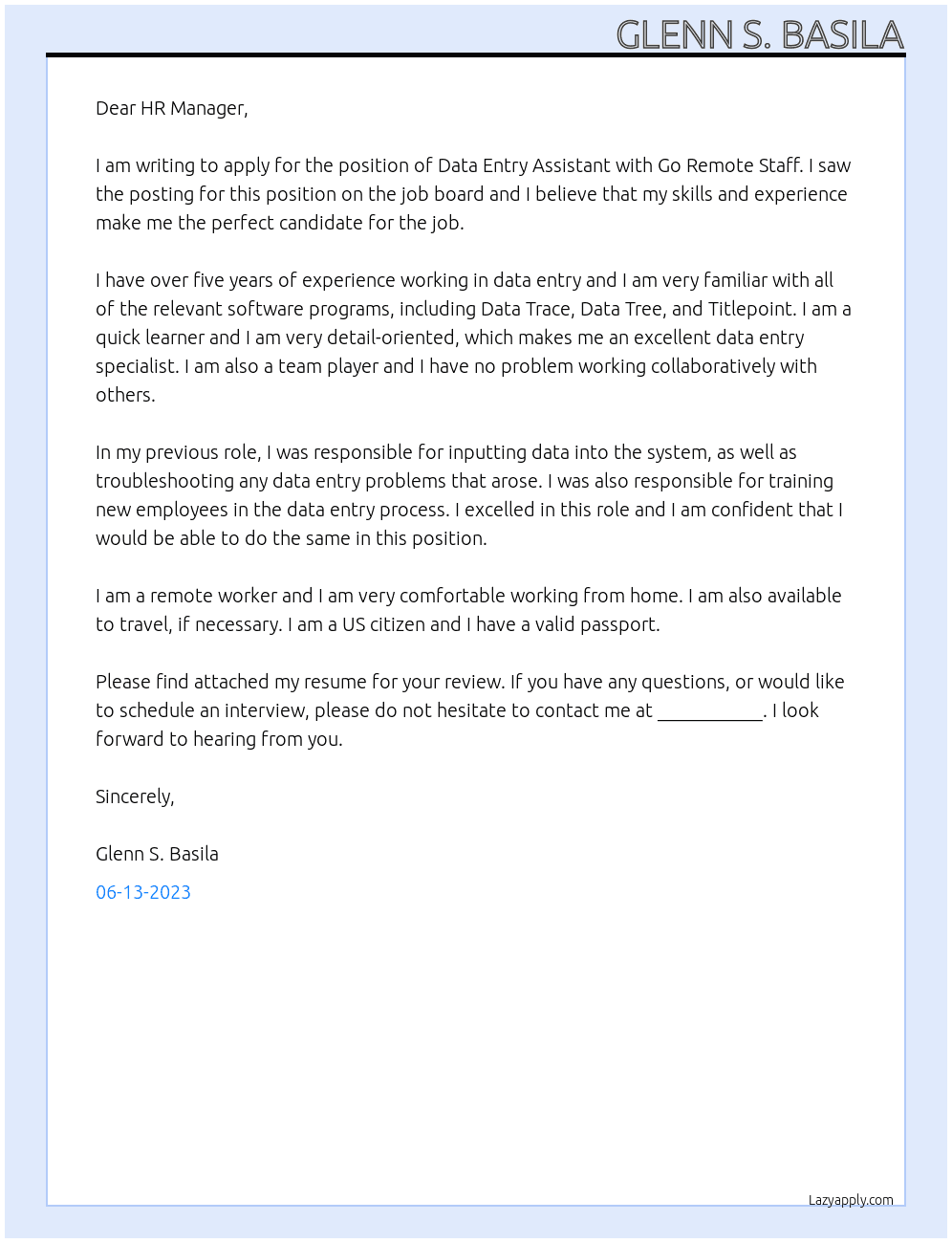 Data Entry Assistant At Go Remote Staff Cover Letter