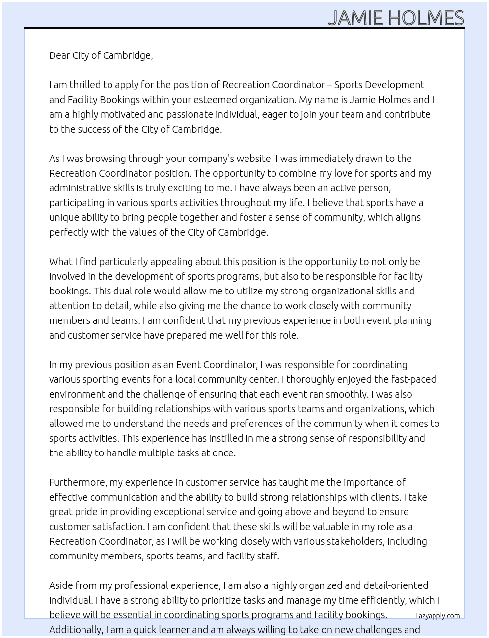 Recreation Coordinator – Sports Development and Facility Bookings At City of Cambridge Cover Letter