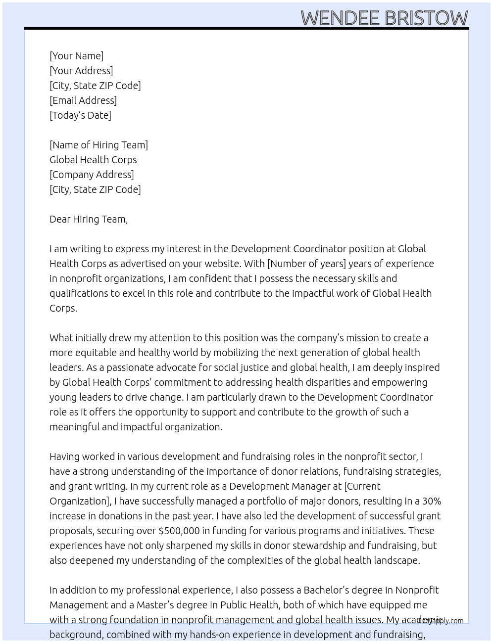 Development Coordinator At Global Health Corps Cover Letter