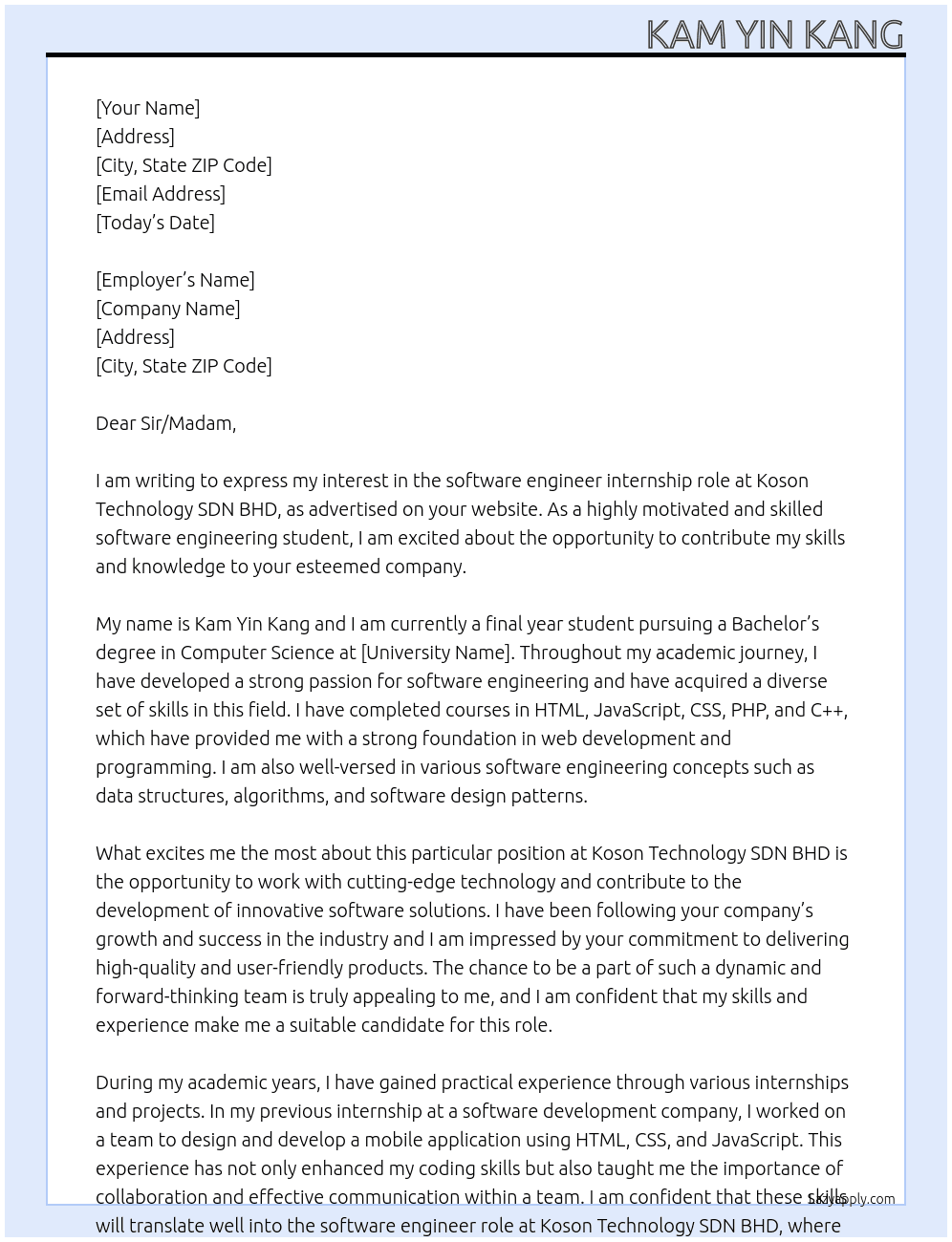 software engineer At Koson Technology SDN BHD Cover Letter