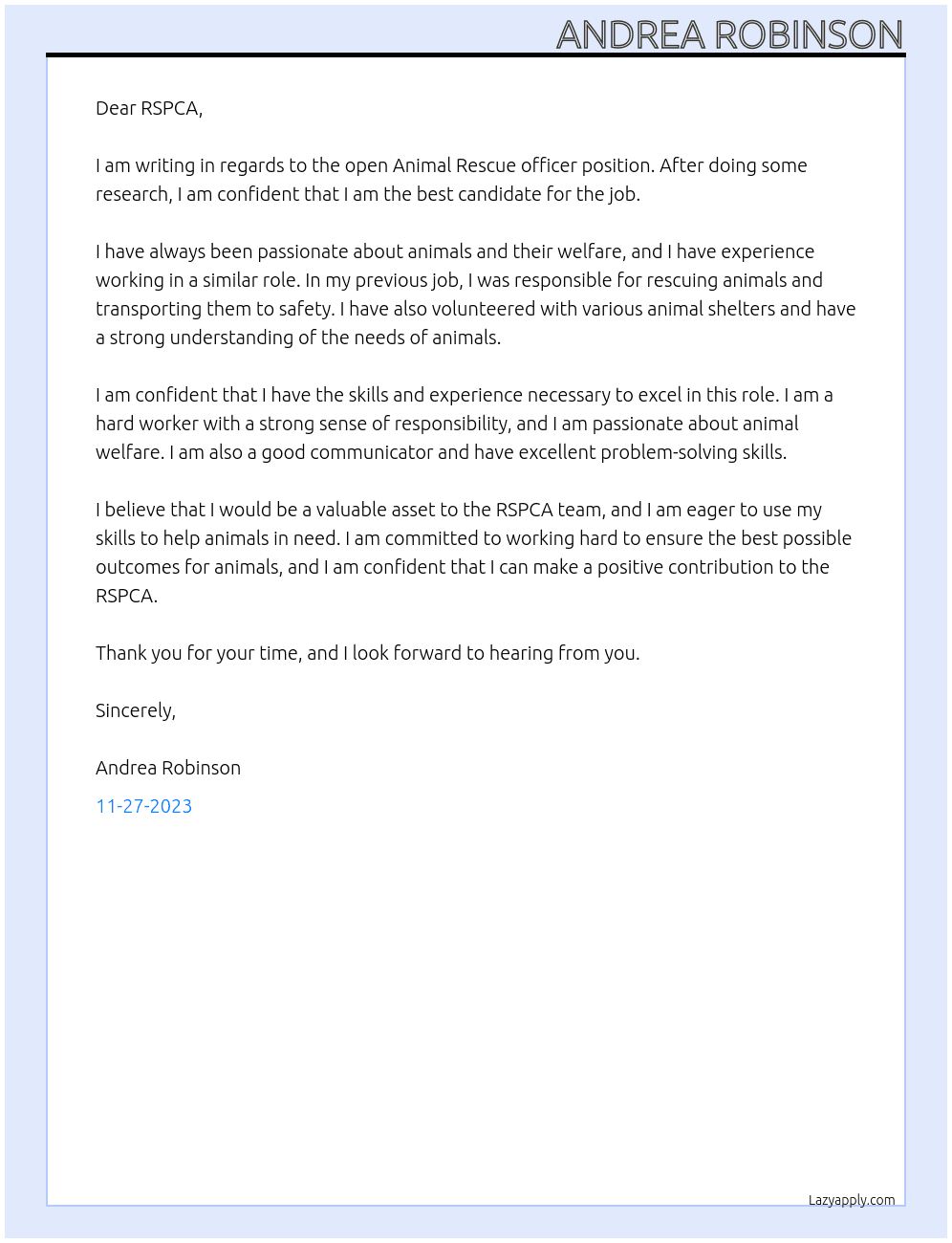 Animal Rescue officer At RSPCA Cover Letter