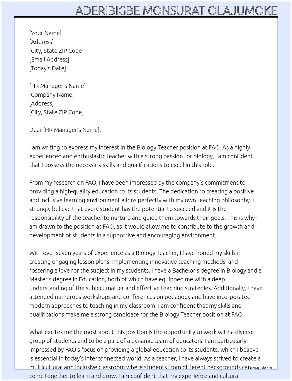 Biology Teacher At FAO Cover Letter