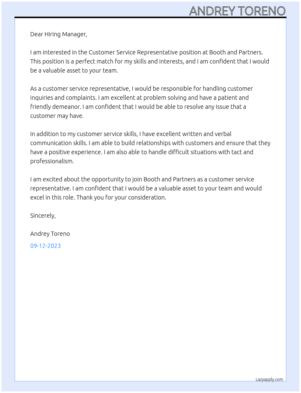 Customer service representative At Booth and Partners Cover Letter