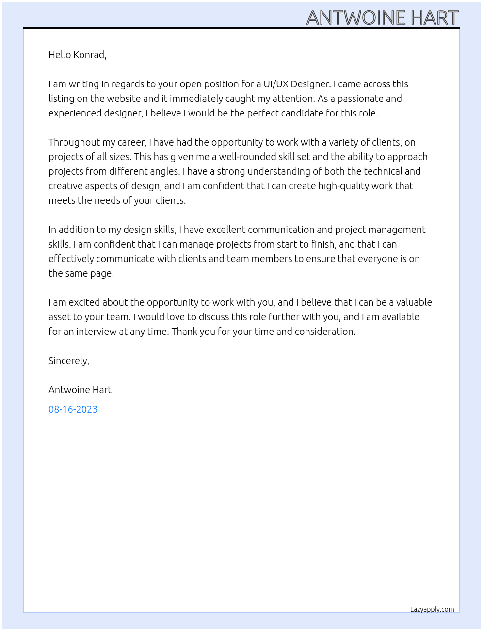 UI/UX Designer At Konrad Cover Letter