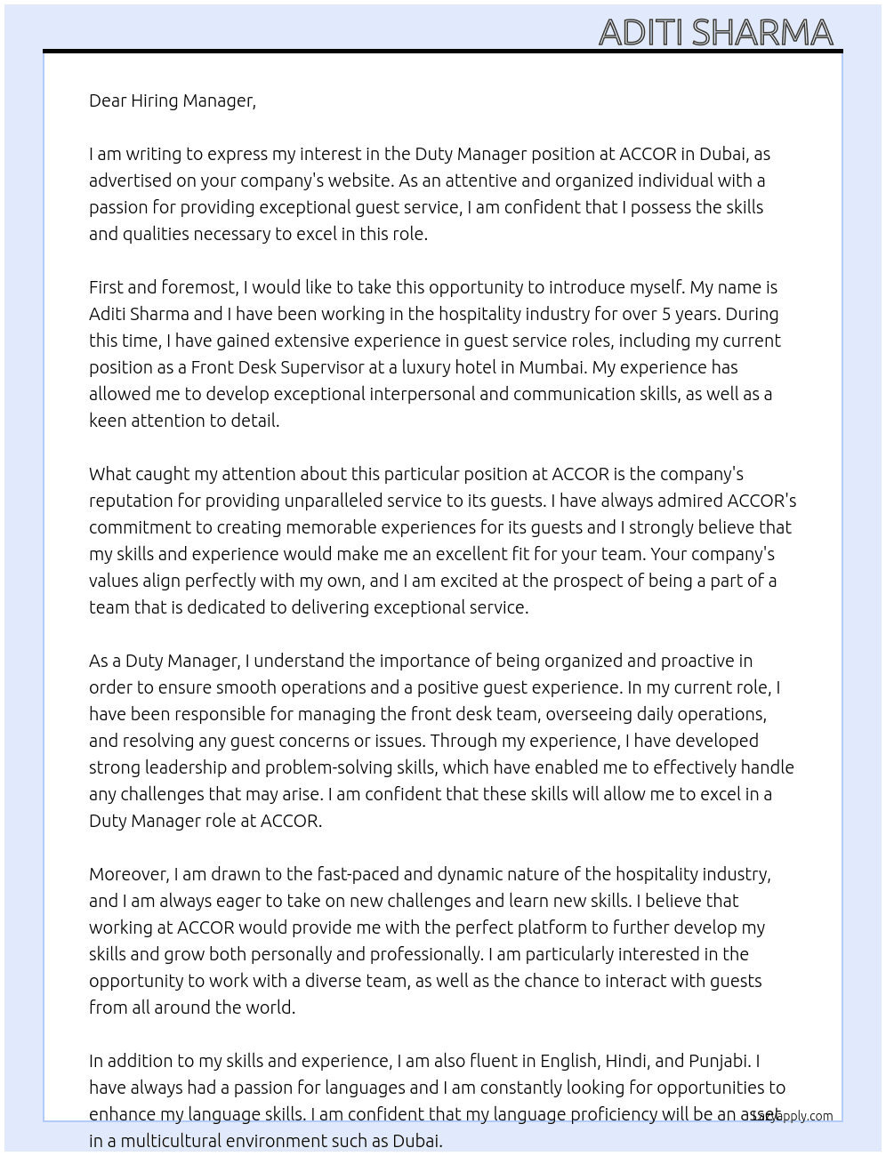 Duty Manager  At ACCOR Cover Letter