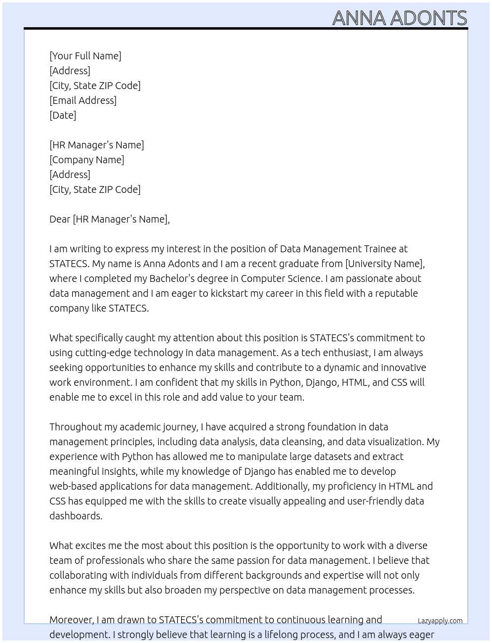 Data management trainee At STATECS Cover Letter
