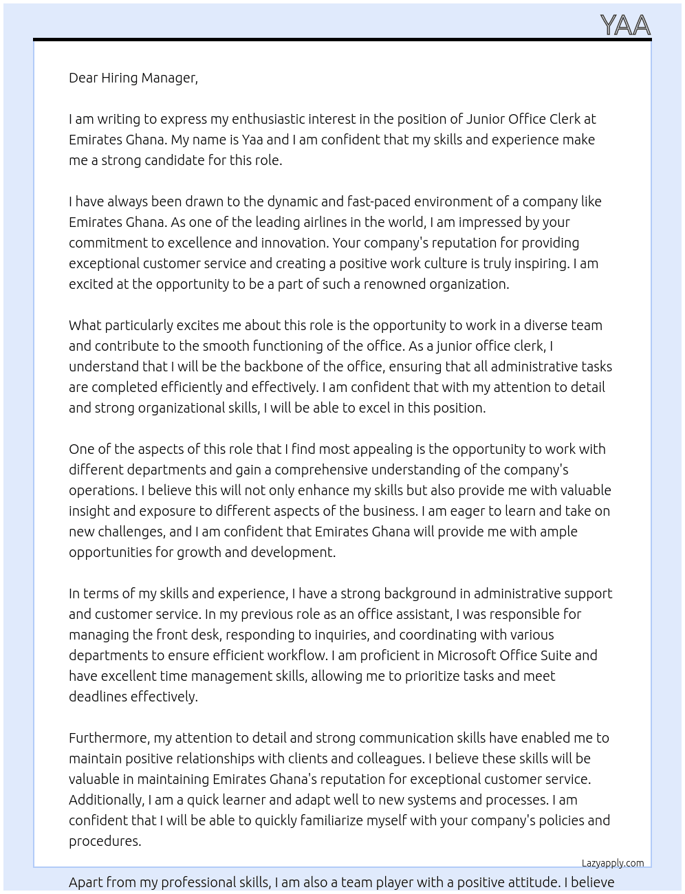 Cover letter for junior office clerk - LazyApply