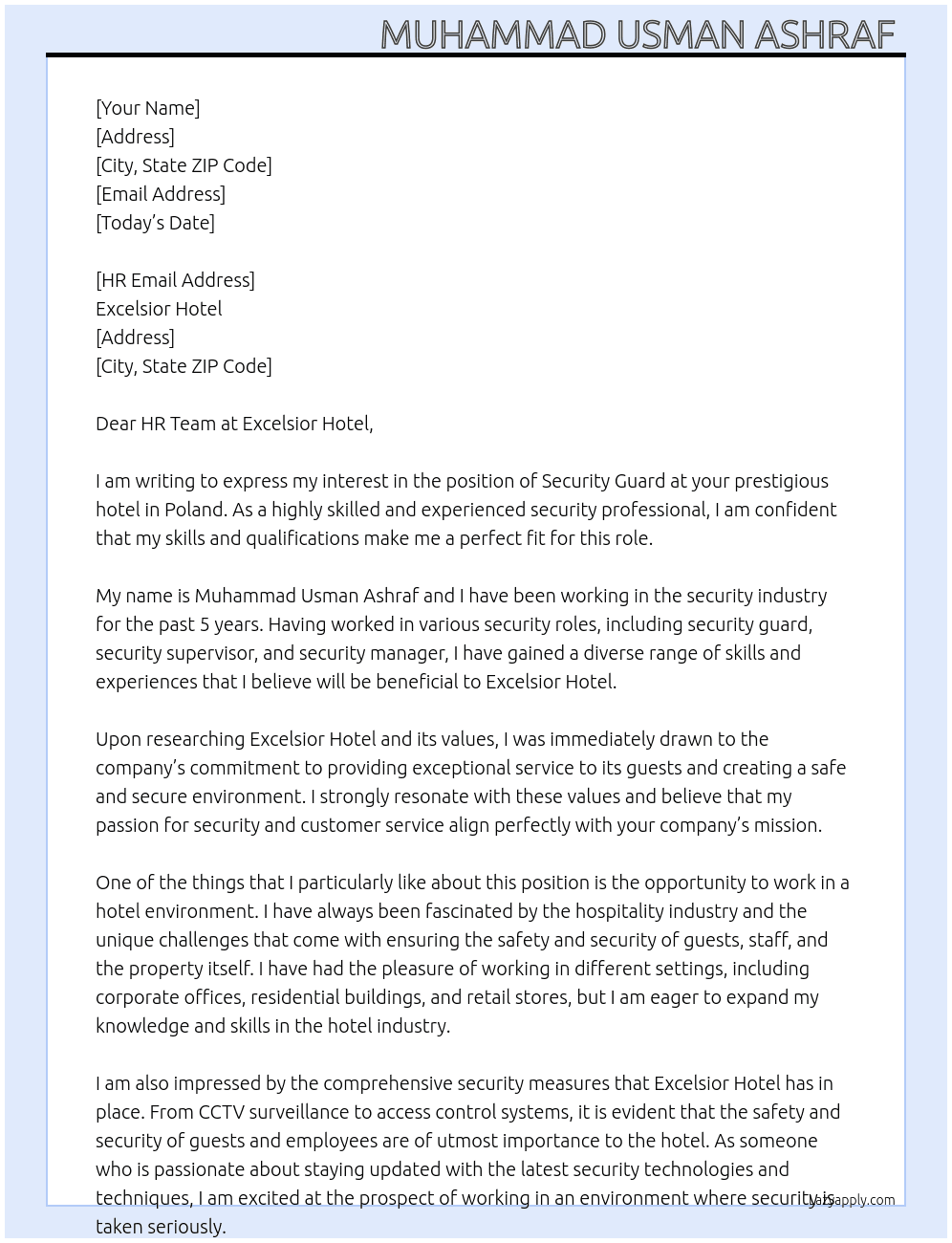 Security guard  At Hotel Security in Poland  Cover Letter